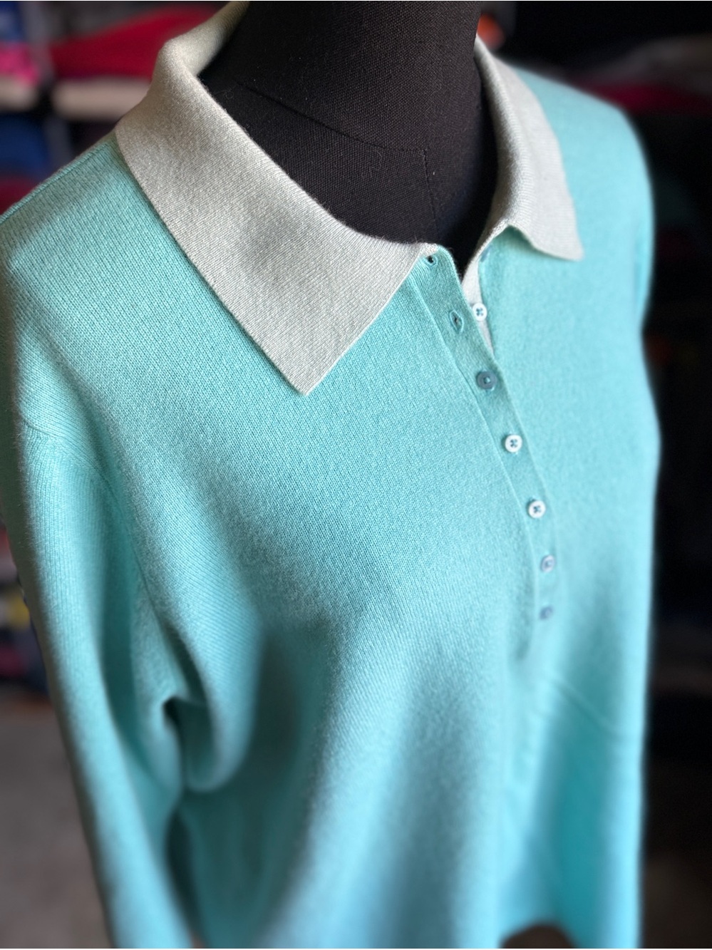 Jones New York Light Aqua Cashmere Polo Cardigan 2X